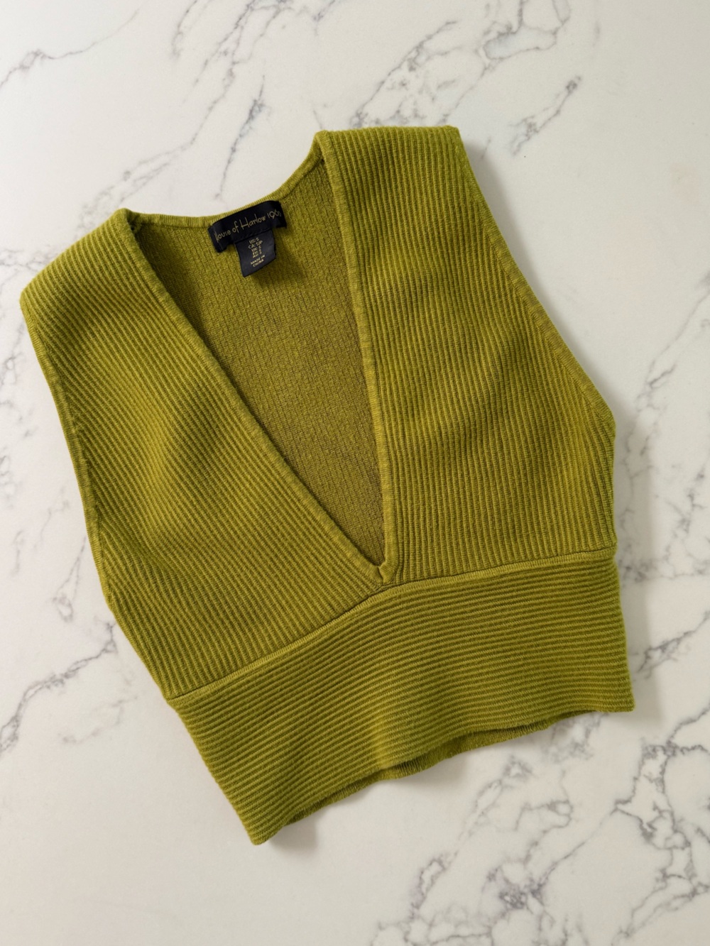 House of Harlow Luxe Essential Ribbed Deep V Crop Tank - Chartreuse - Size Small